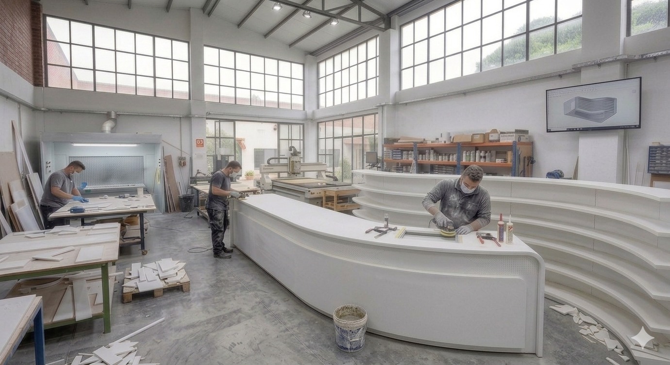 Mostrador con estanterías Corian