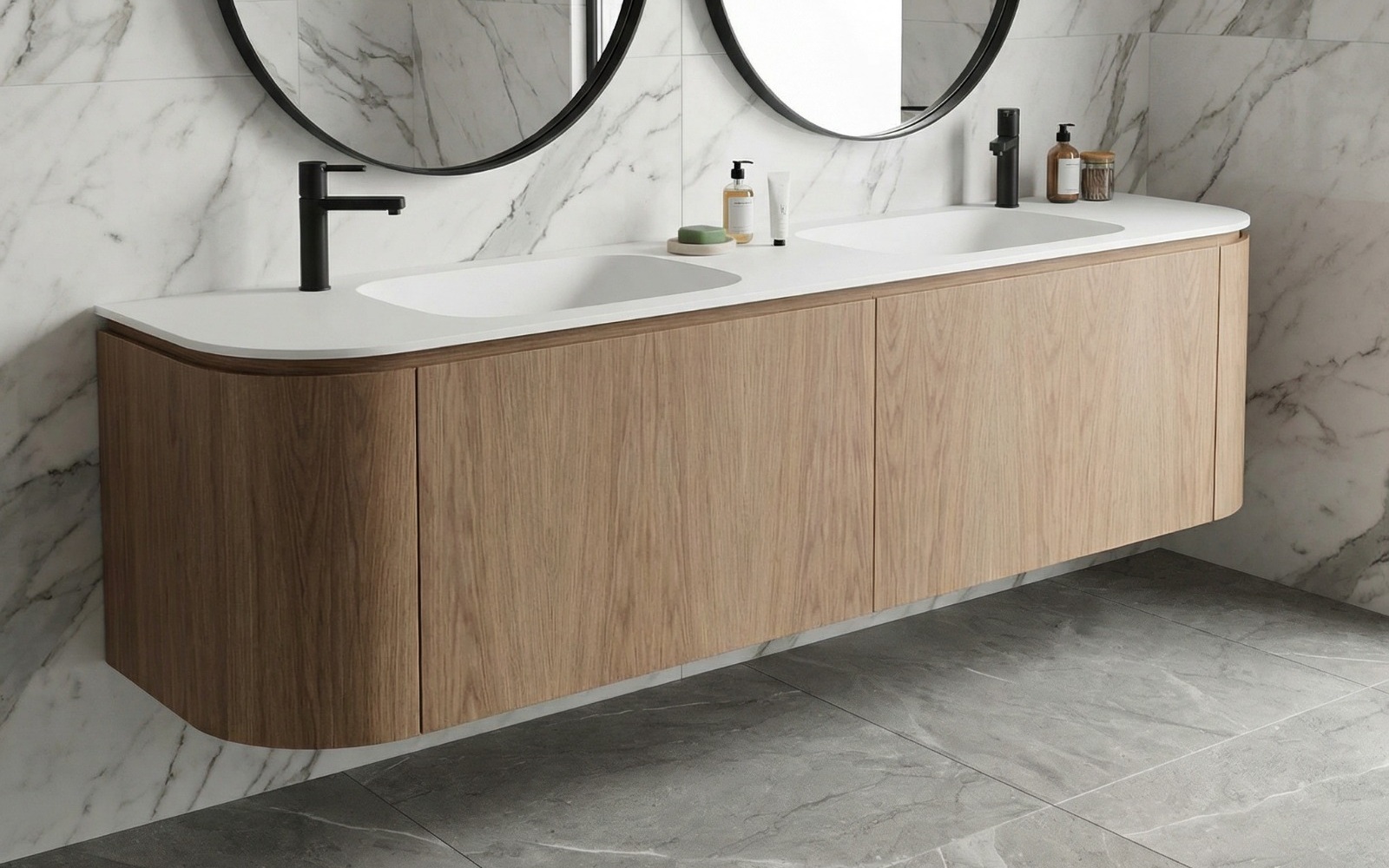 Mobiliario en Nogal claro con puertas curvadas