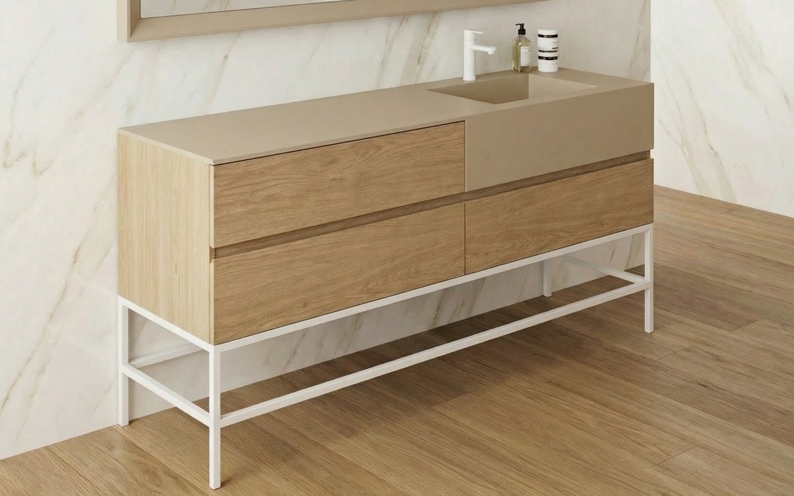 Mueble en roble natural sobre estructura metálica